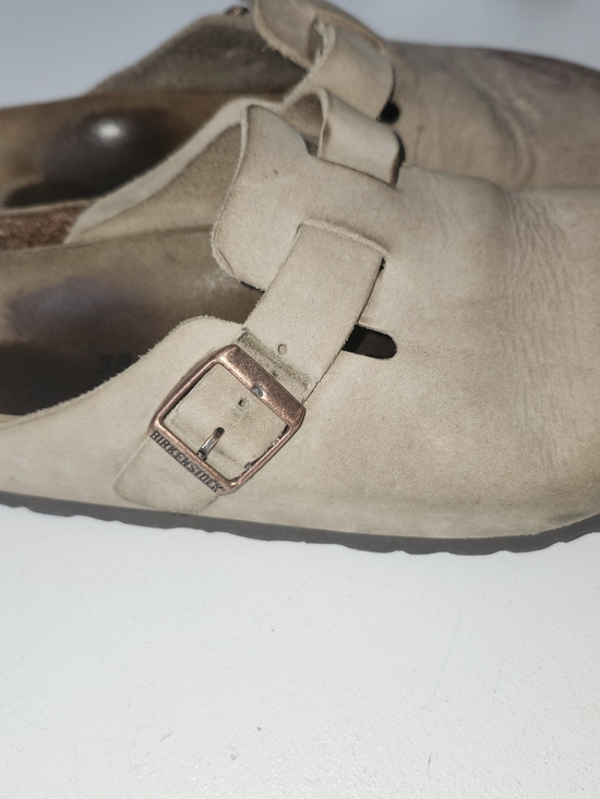 Birkenstock Shoes - Birkenstock Beige Suede Boston Clogs with Rose Gold Buckles